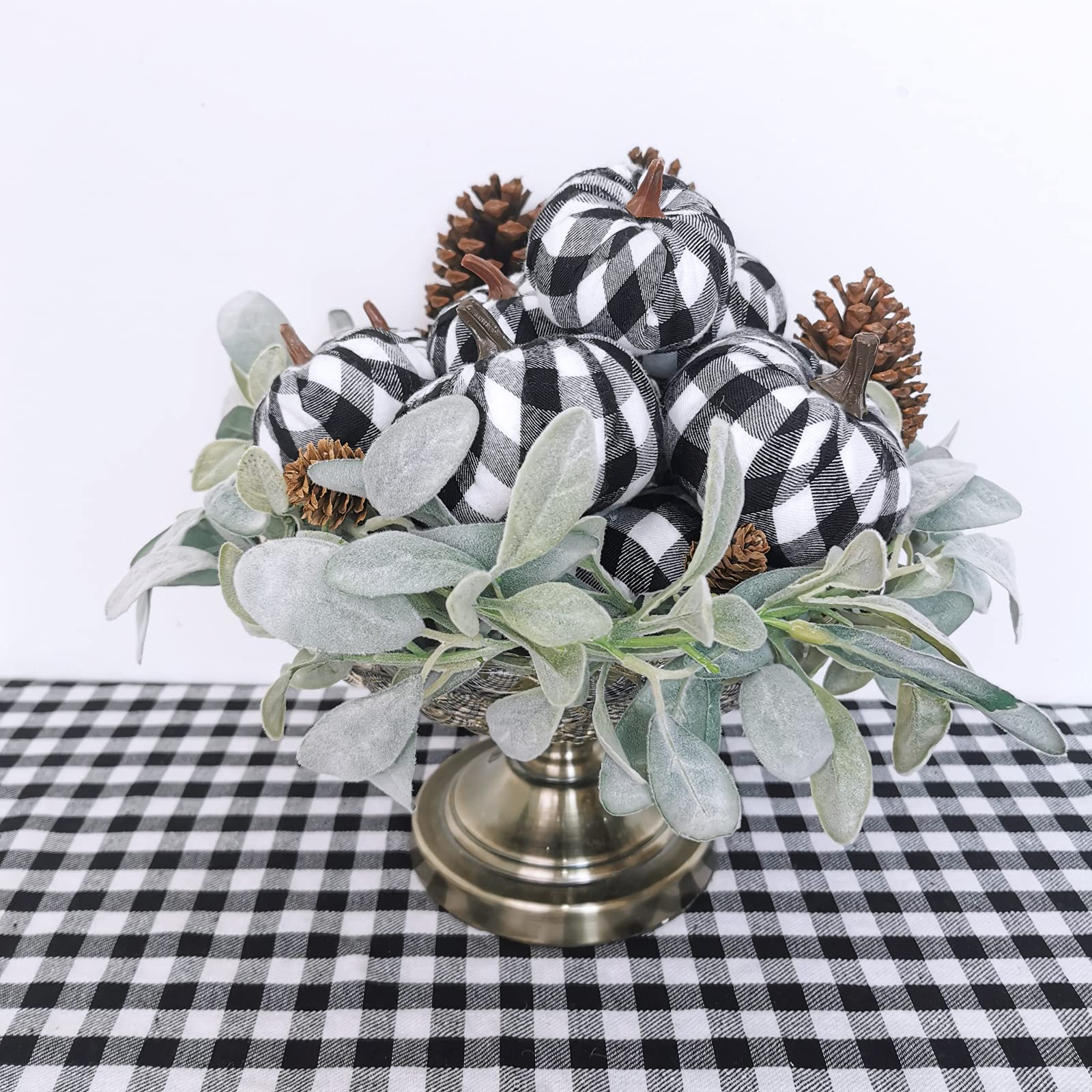 Set of 12 Small Faux Harvest Decorative Fabric Pumpkins Foam Pumpkins in Black & White Buffalo Check for Farmhouse Rustic Fall T